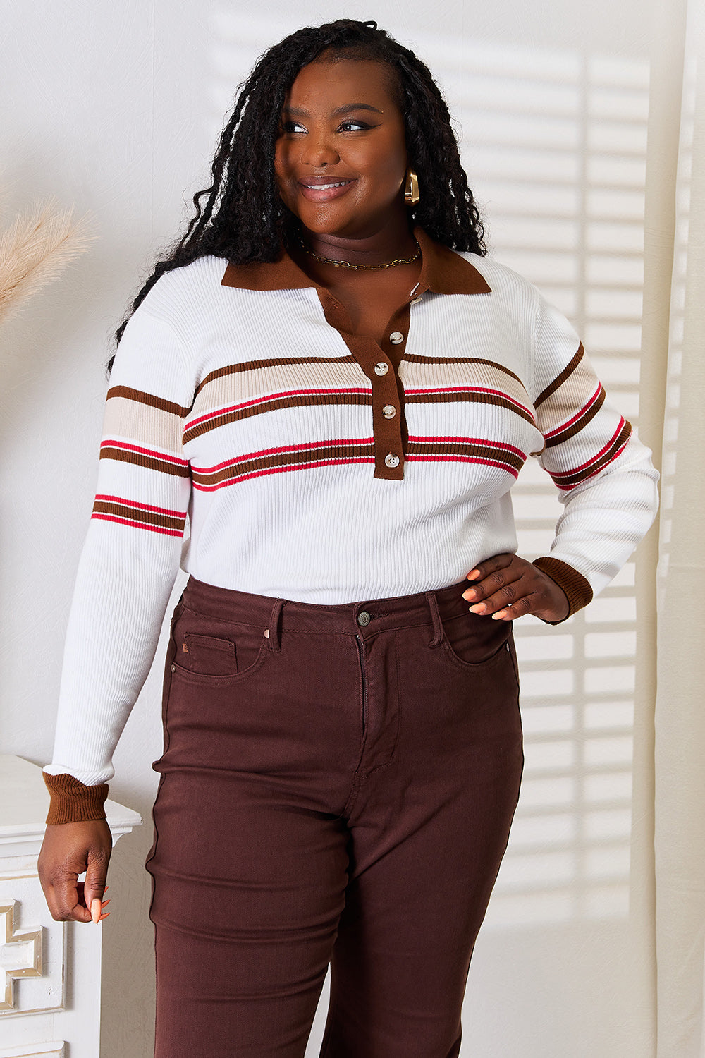 Wrenley Striped Collared Neck Rib-Knit Top