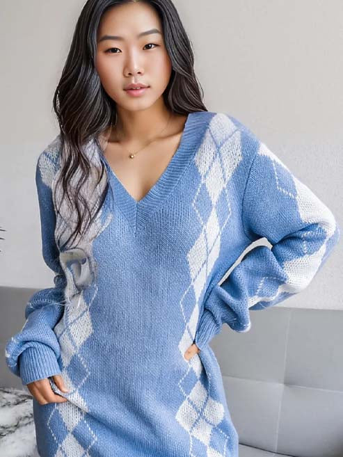 Argyle V-Neck Sweater Dress