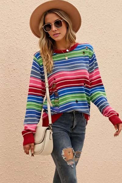 Brightly Striped Distressed Cutout Sweater