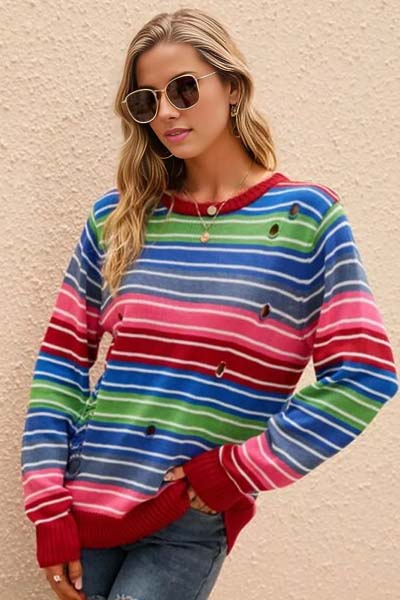 Brightly Striped Distressed Cutout Sweater