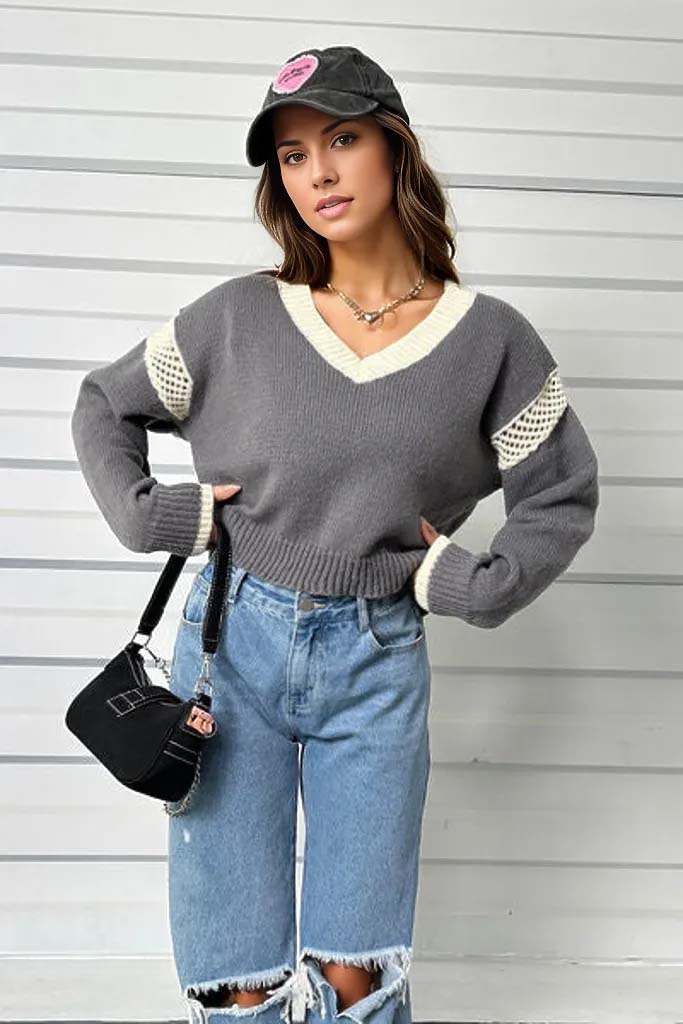 Cynthia Contrast Openwork Long Sleeve Sweater