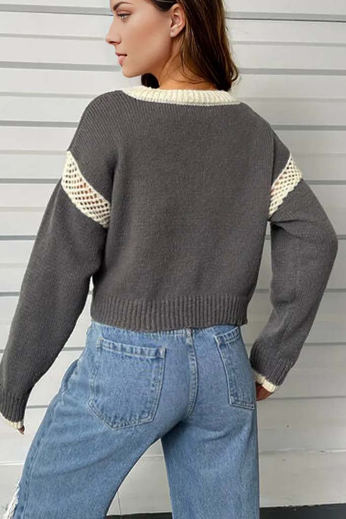 Cynthia Contrast Openwork Long Sleeve Sweater