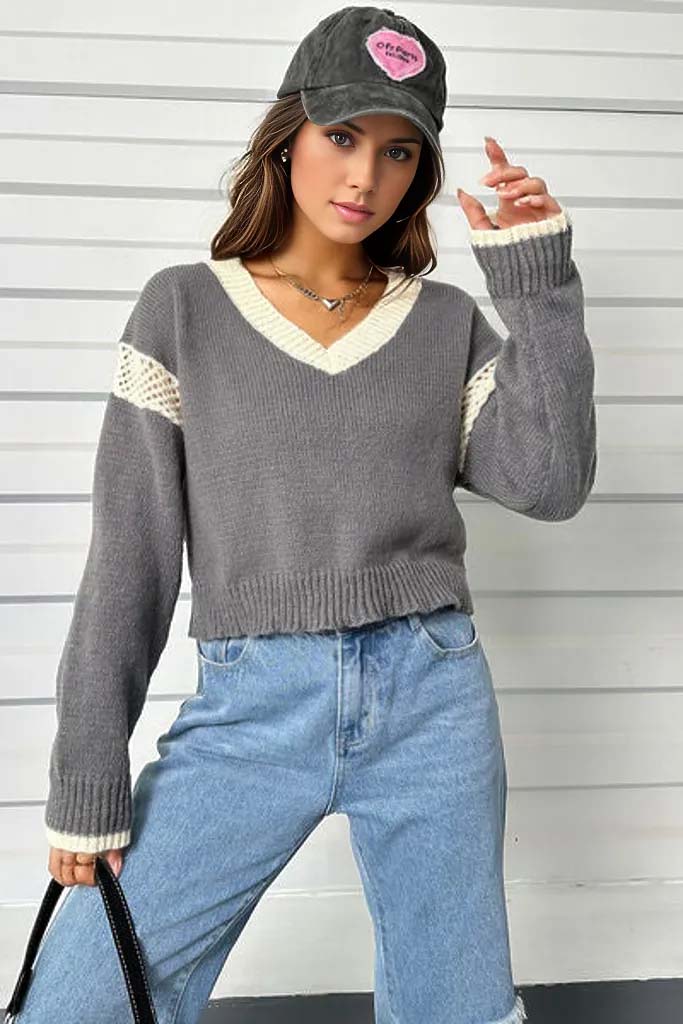 Cynthia Contrast Openwork Long Sleeve Sweater