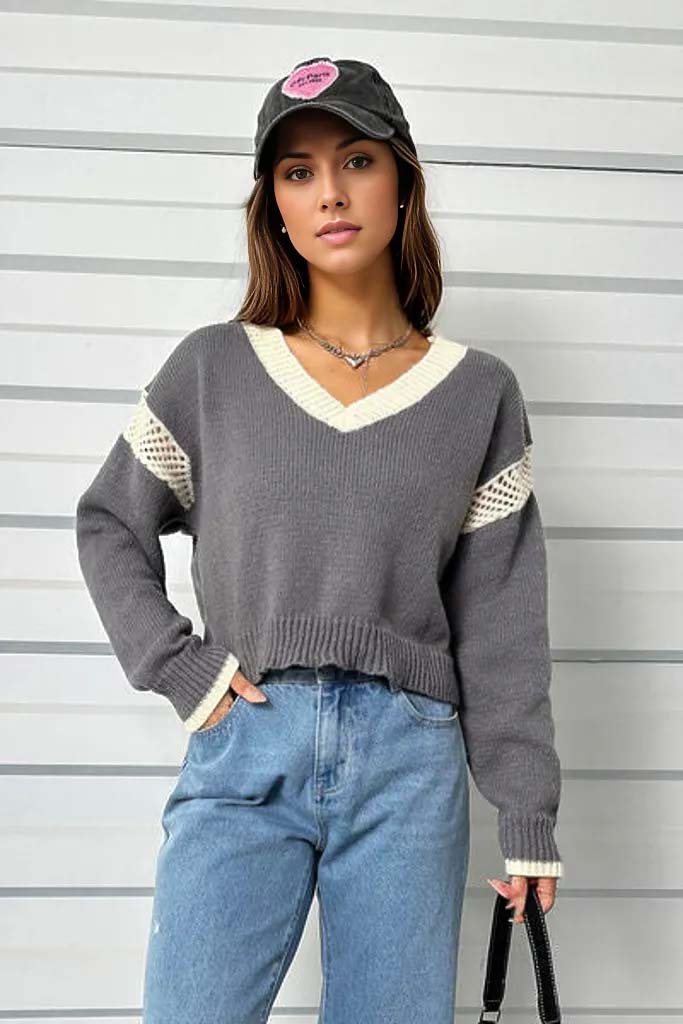Cynthia Contrast Openwork Long Sleeve Sweater