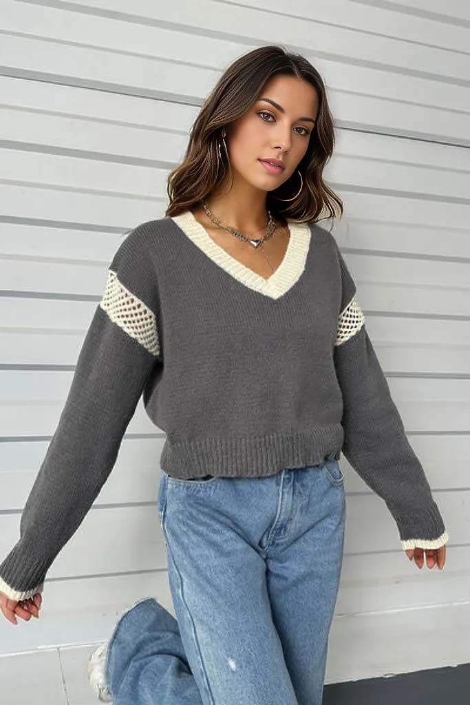 Cynthia Contrast Openwork Long Sleeve Sweater