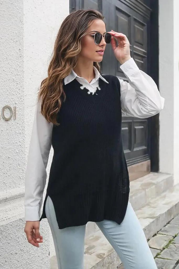 Jade Frayed Hem Slit Sweater Vest