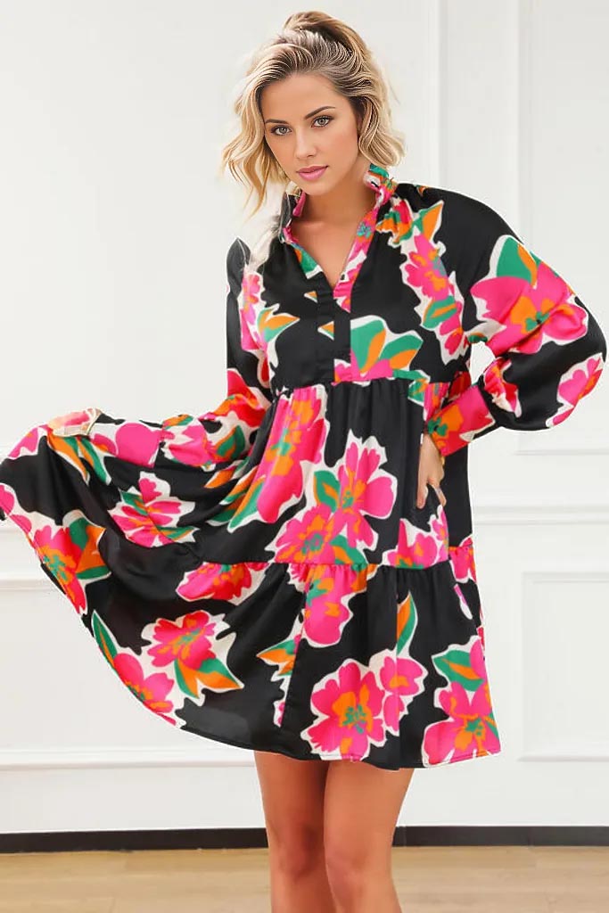 Juliet Floral Notched Ruffle Hem Dress