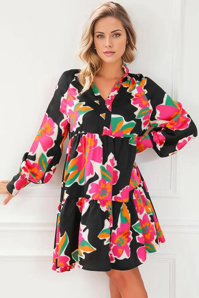 Juliet Floral Notched Ruffle Hem Dress