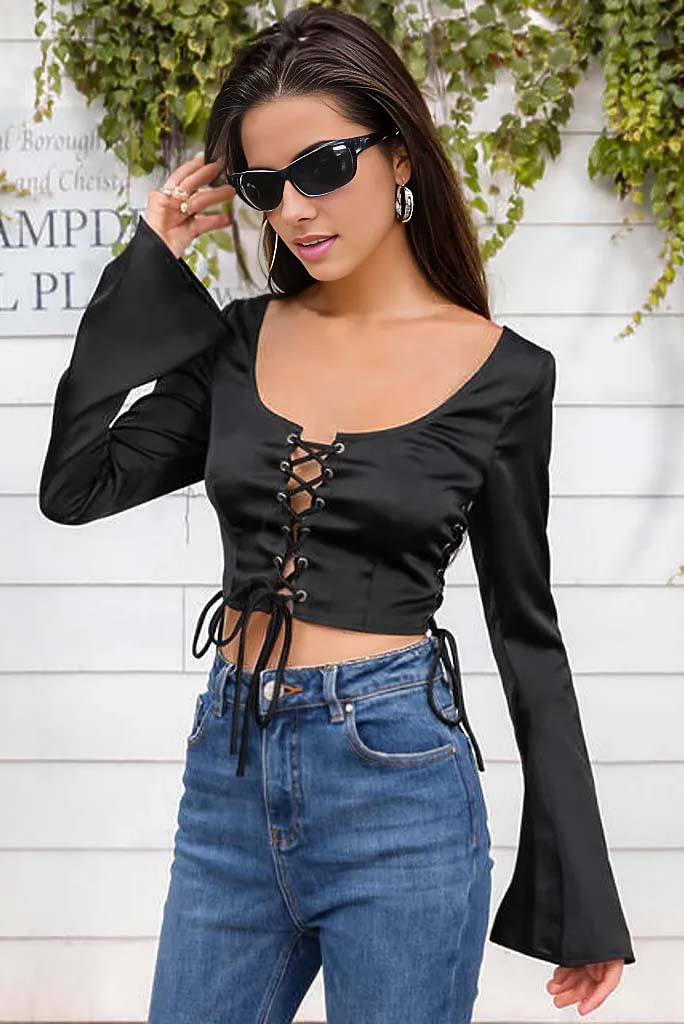 Malia Flare Sleeve Lace Up Crop Top