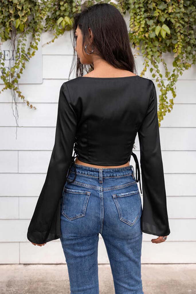 Malia Flare Sleeve Lace Up Crop Top