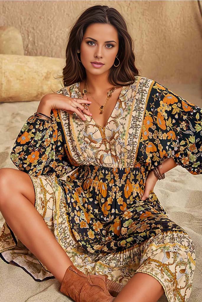 Molly V-Neck Smocked Balloon Sleeve Dress