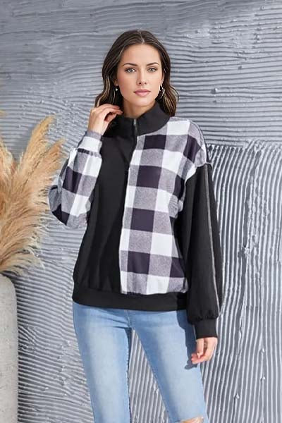 Olivia Plaid Exposed Seam Long Sleeve Blouse
