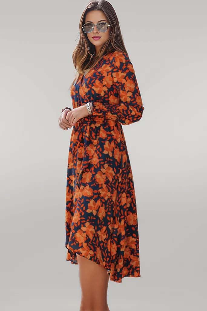 Pumpkin Spice Tie Front Smocked Midi Dress