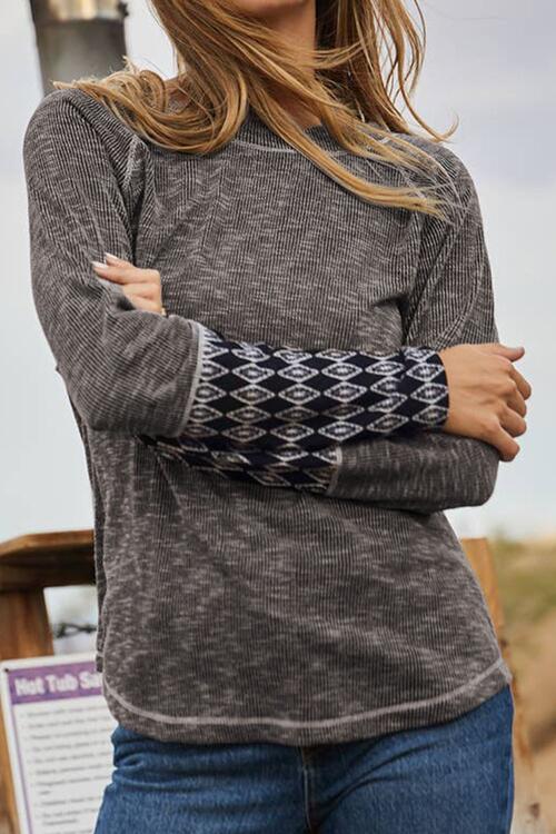 Ariah Geometric Round Neck Long Sleeve Top