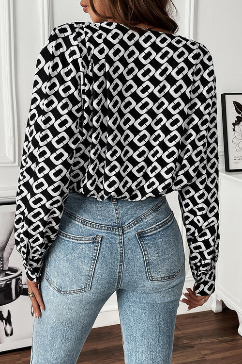 Bianca Geometric V-Neck Long Sleeve Blouse