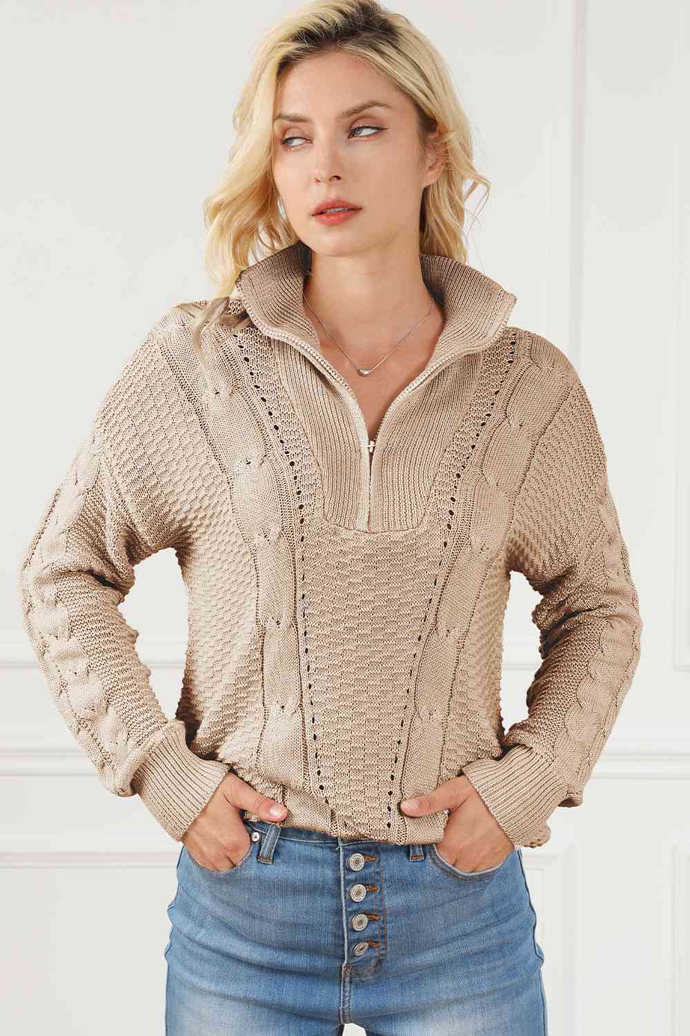 Della Cable-Knit Half Zip Long Sleeve Sweater