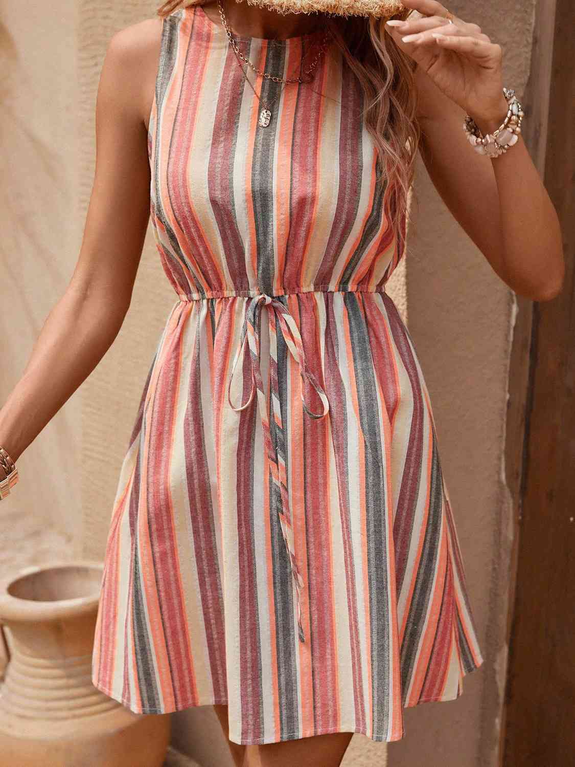 Karina Striped Drawstring Sleeveless Dress