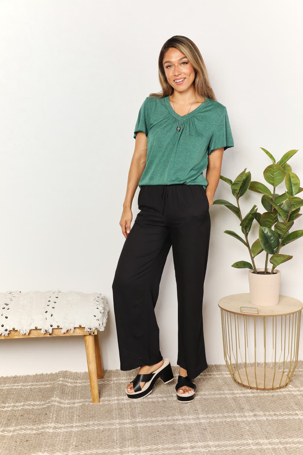 Elora Ruched V-Neck T-Shirt