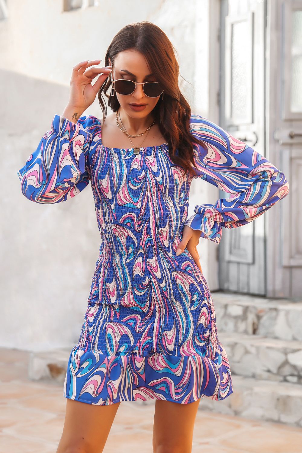 Abstract Smocked Mini Dress