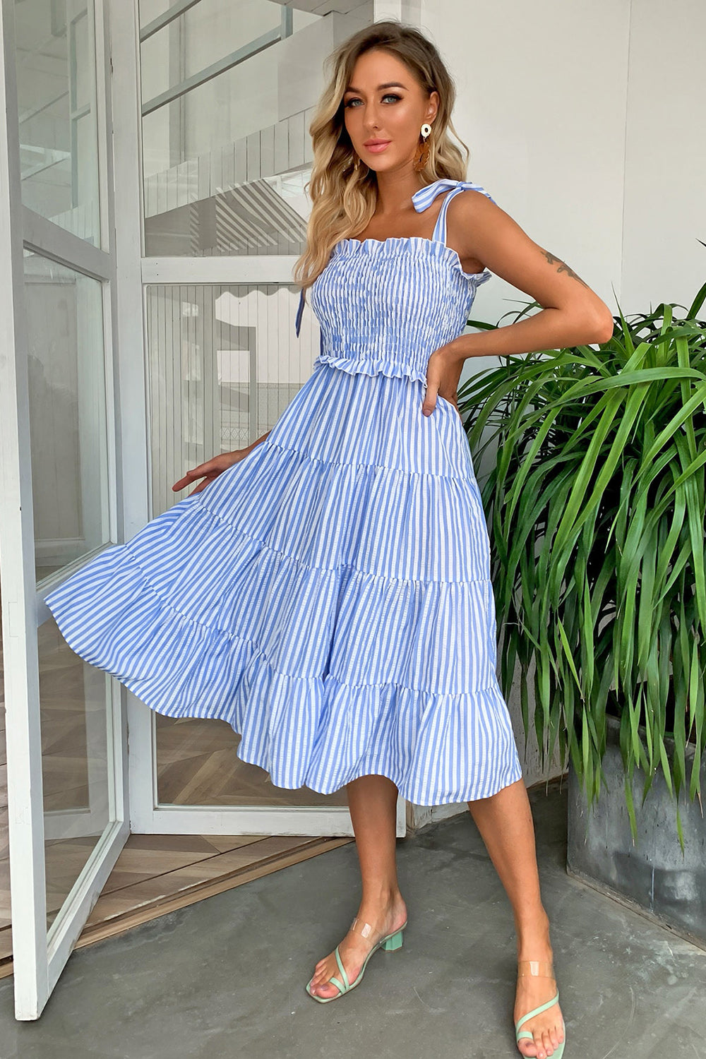 Daniela Striped Tie-Shoulder Tiered Dress