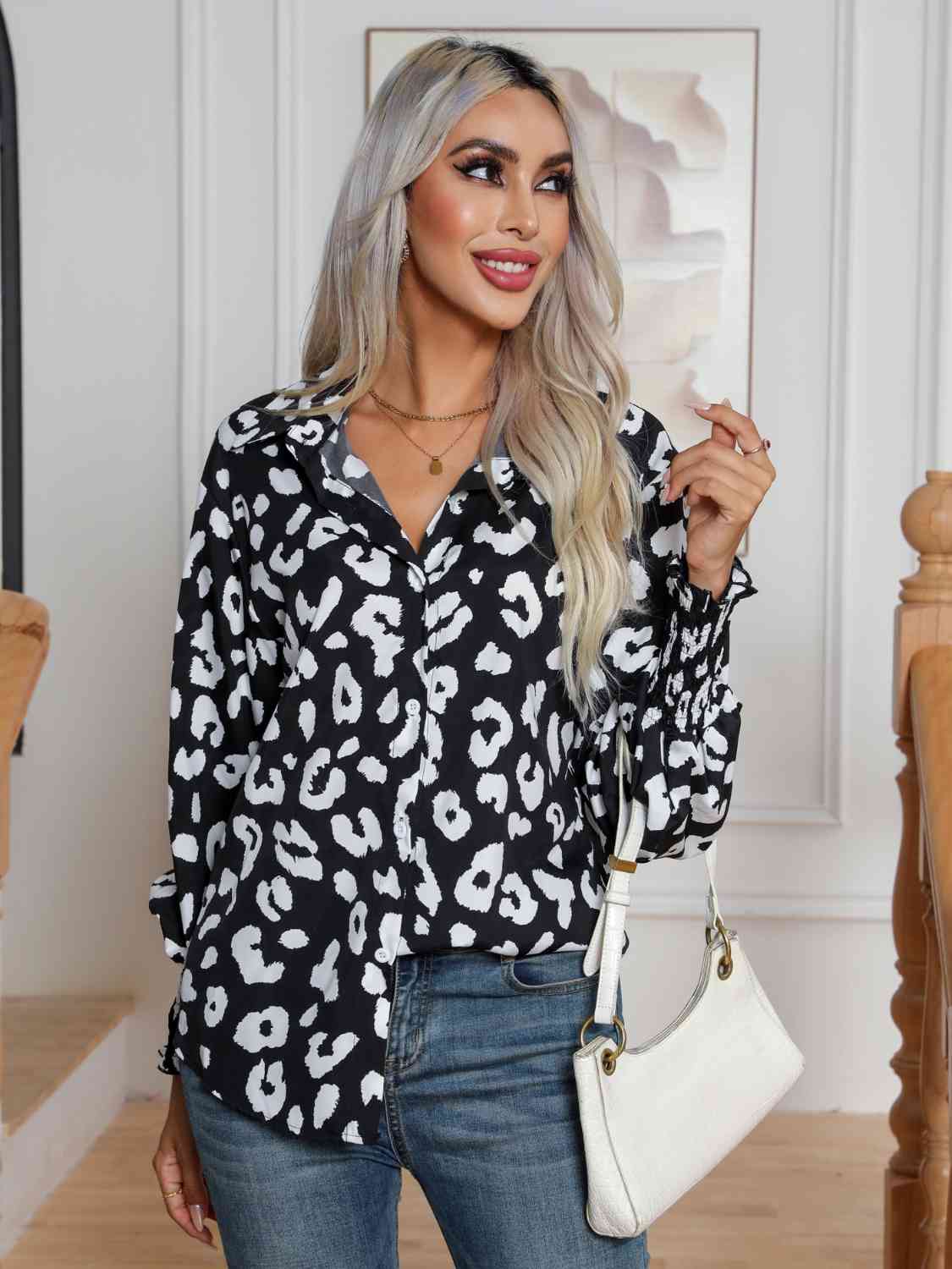 Selena Buttoned Lantern Sleeve Leopard Shirt
