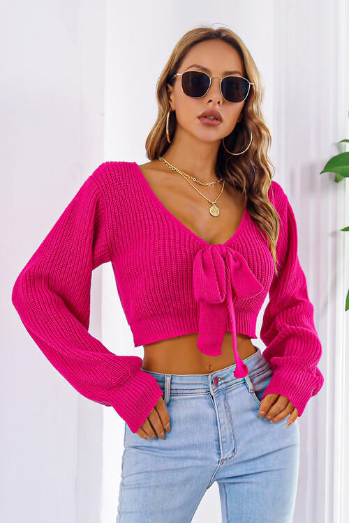Serena Bow V-Neck Cropped Sweater
