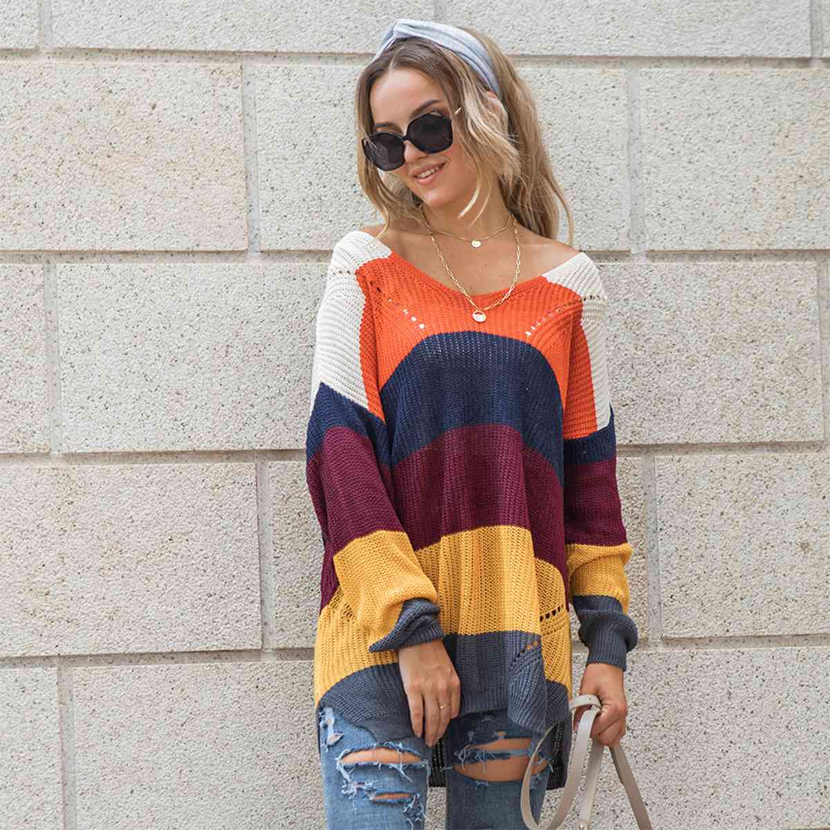 Artistic Color Block Openwork Sweater