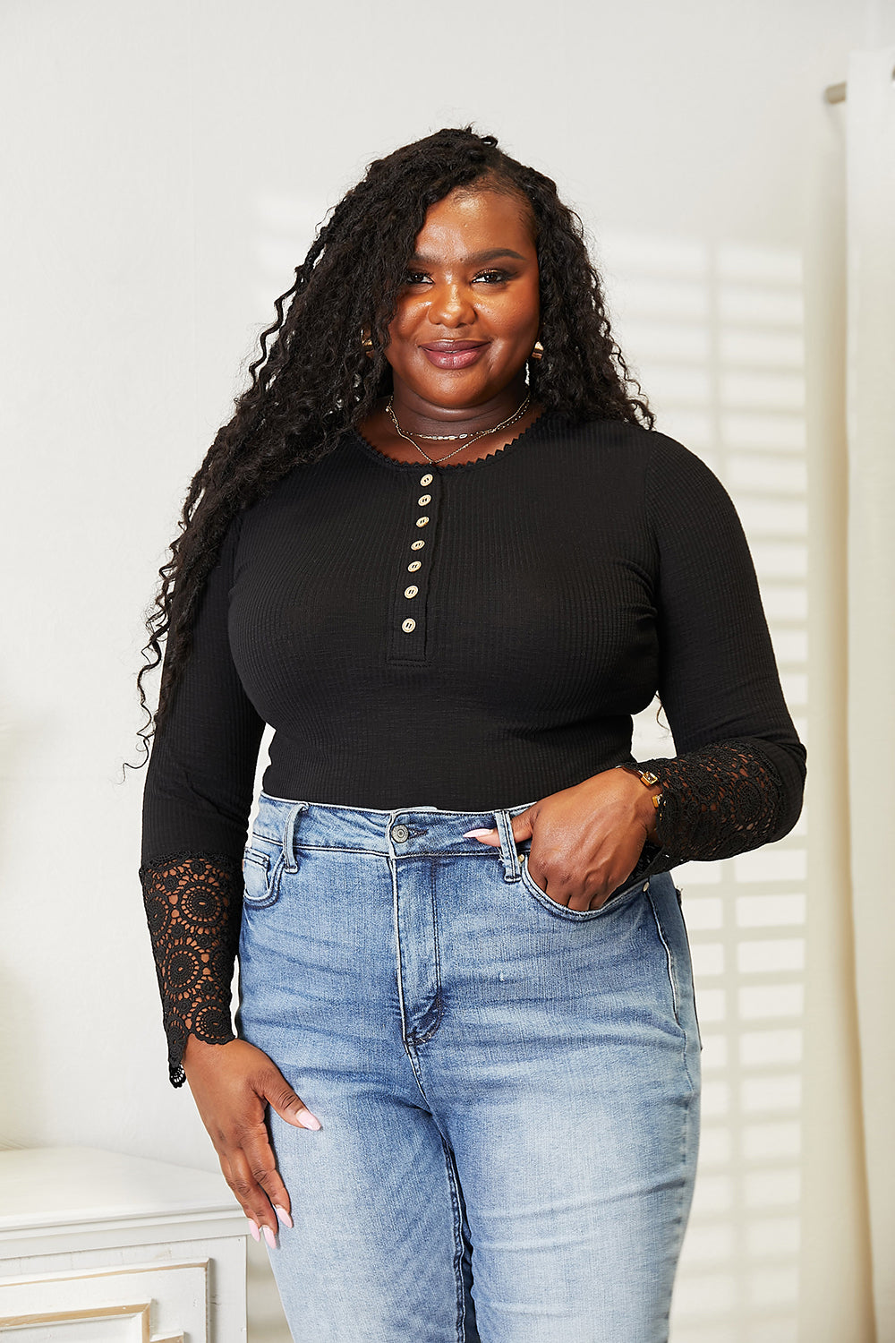 Bethany Lace Hem Sleeve Button Top