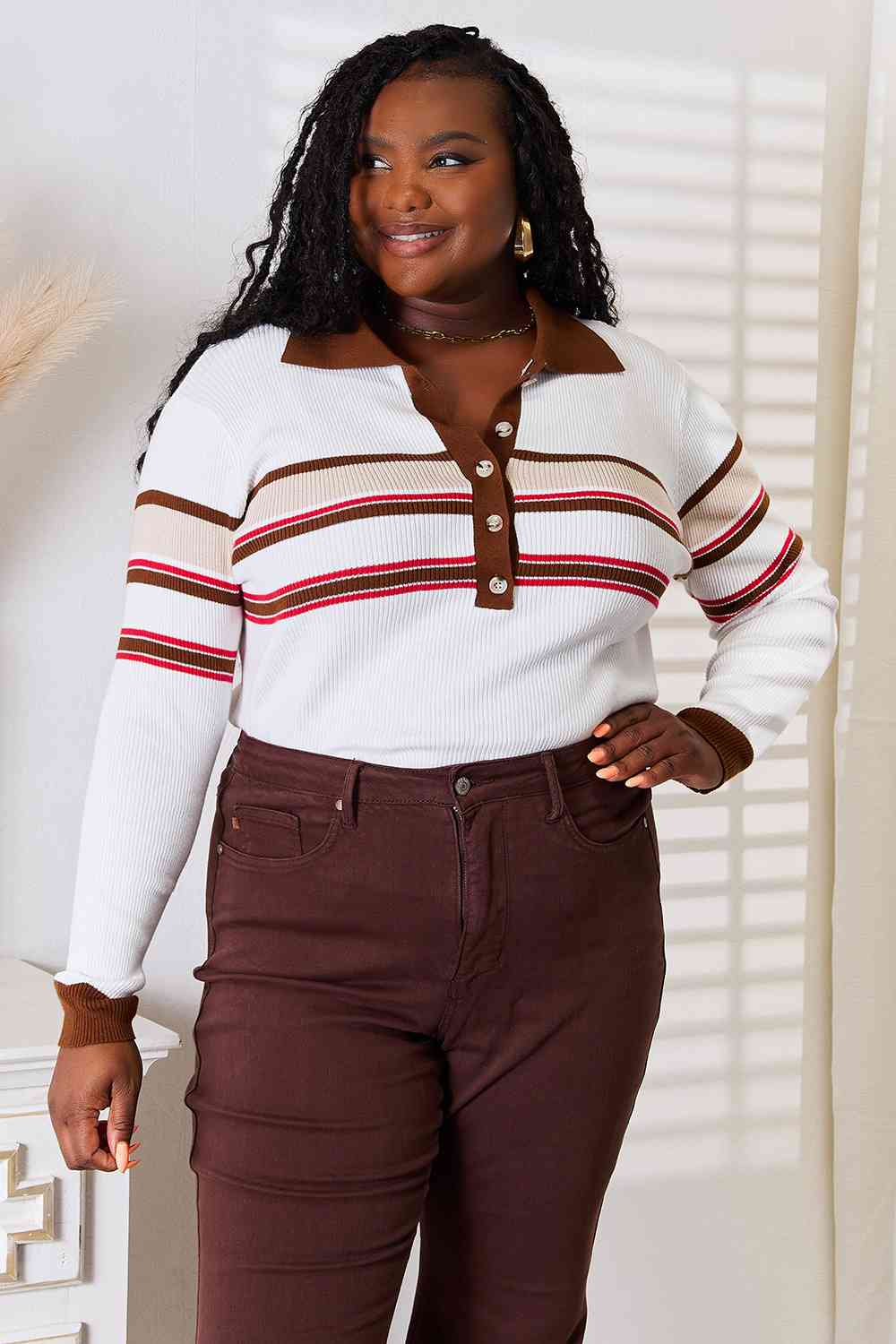 Wrenley Striped Collared Neck Rib-Knit Top