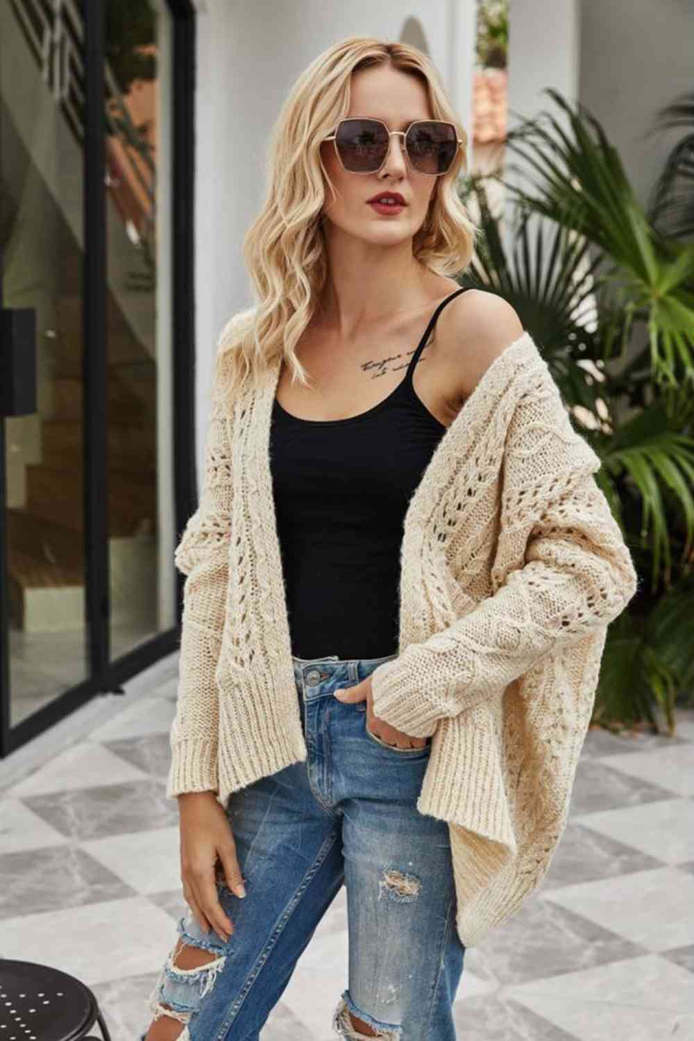 Mya Ribbed Trim Openwork Open Front Cardigan