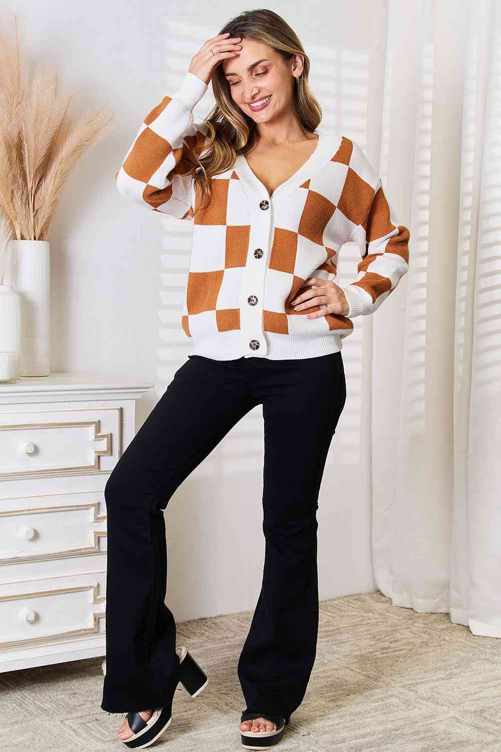 Checkered Button-Up V-Neck Cardigan