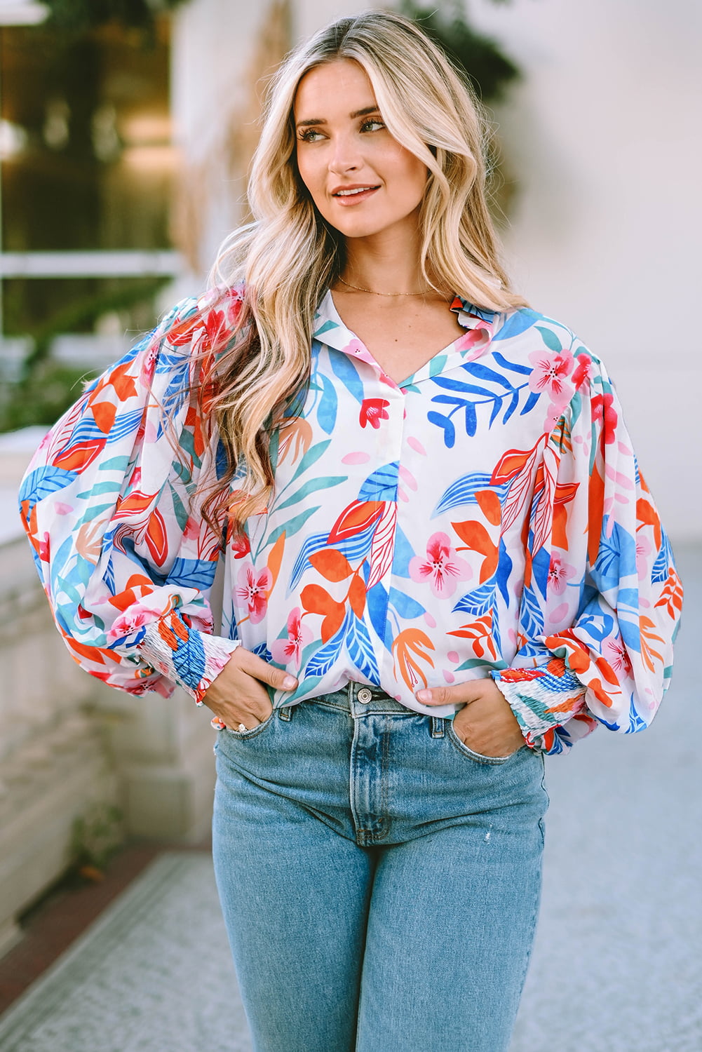 Chic Bouquet Lantern Sleeve Blouse