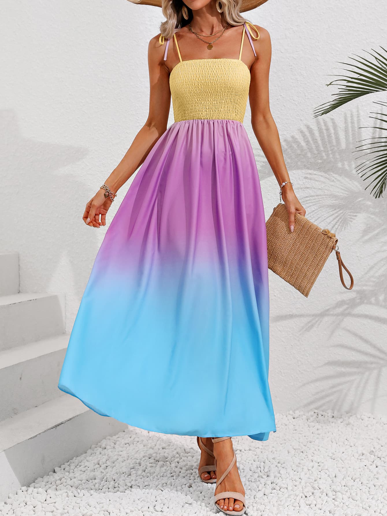 Treasure Color Block Tie Shoulder Smocked Maxi Dress
