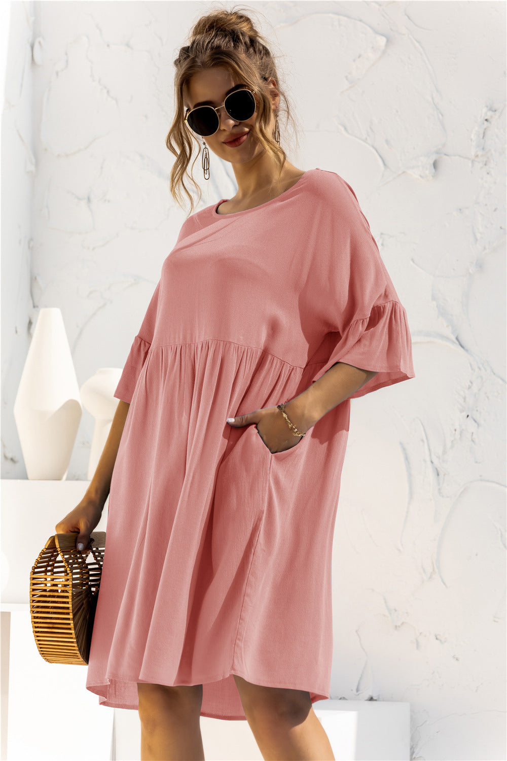 Shelby Boat Neck Flounce Sleeve Dress