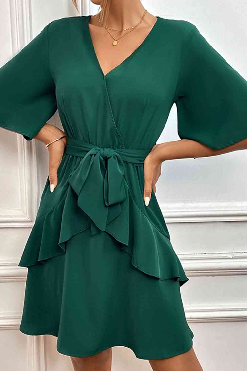 Ellis Tie Belt Surplice Neck Ruffled Dress