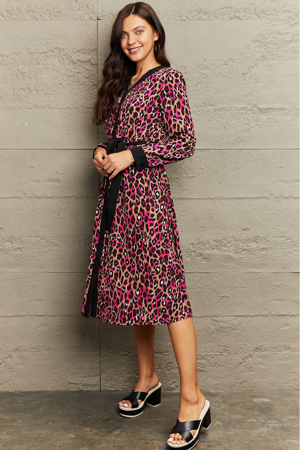 Wild For You Leopard Tie Waist Midi Dress