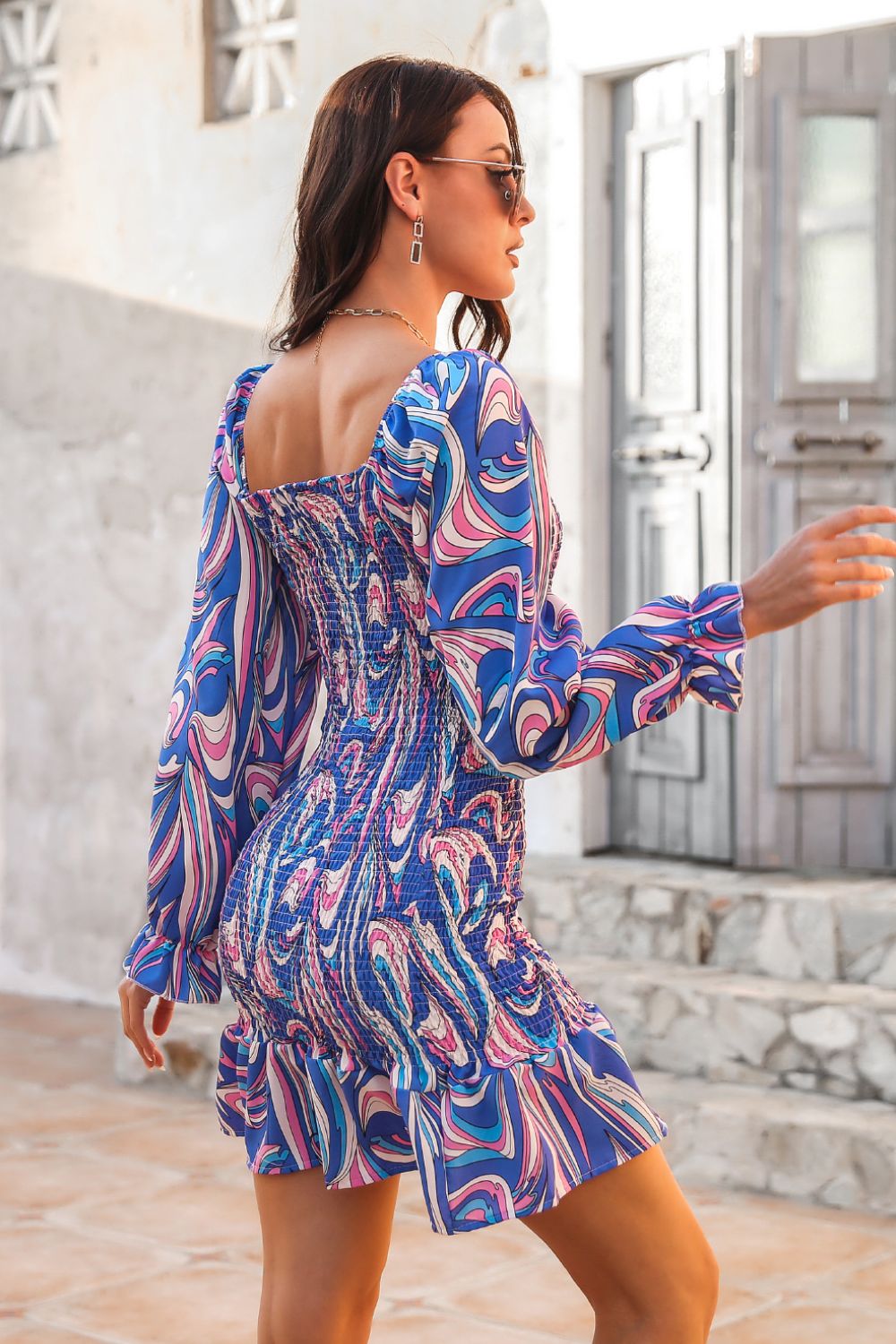 Abstract Smocked Mini Dress