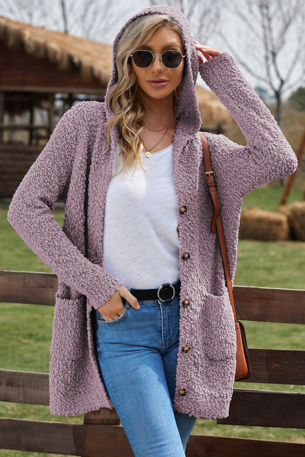 Marsa Popcorn-Knit Hooded Cardigan