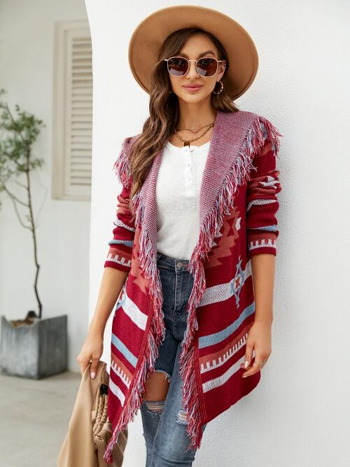 Maeve Fringe Geometric Hooded Long Sleeve Cardigan
