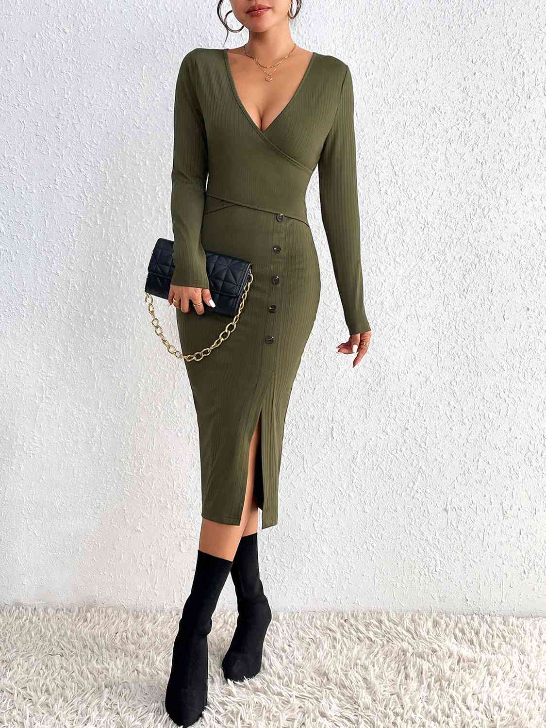 Salute Me Buttoned Surplice Neck Slit Dress