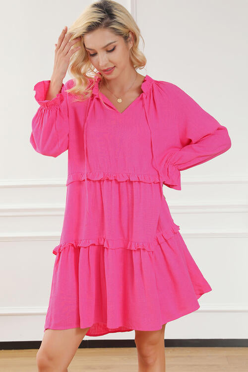 Ellianna Tie Neck Flounce Sleeve Tiered Dress