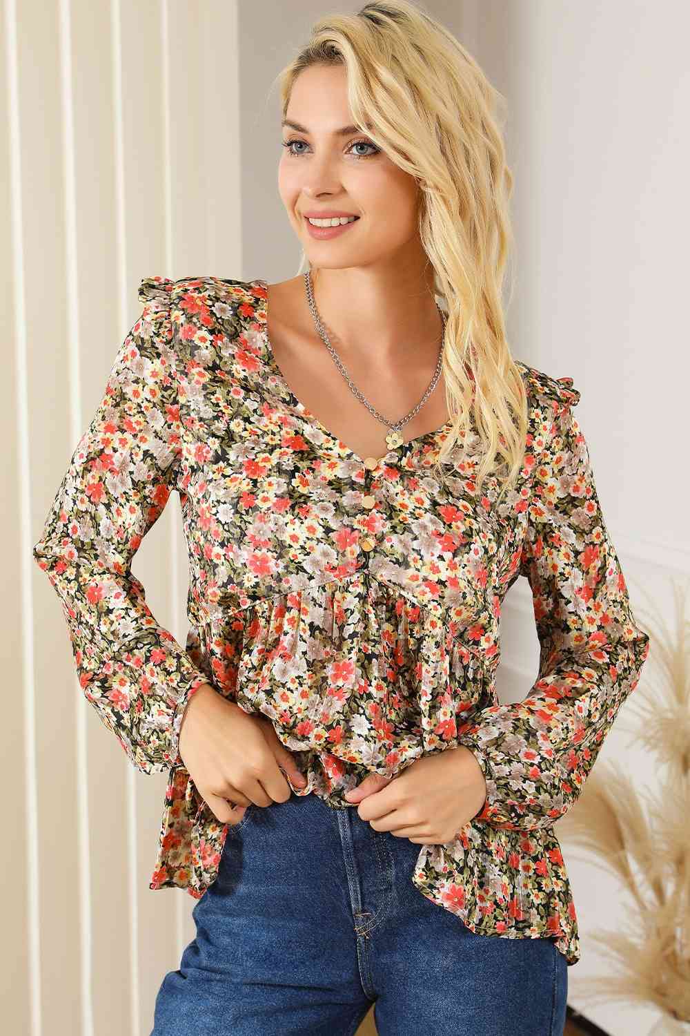 Savina Floral V-Neck Babydoll Blouse