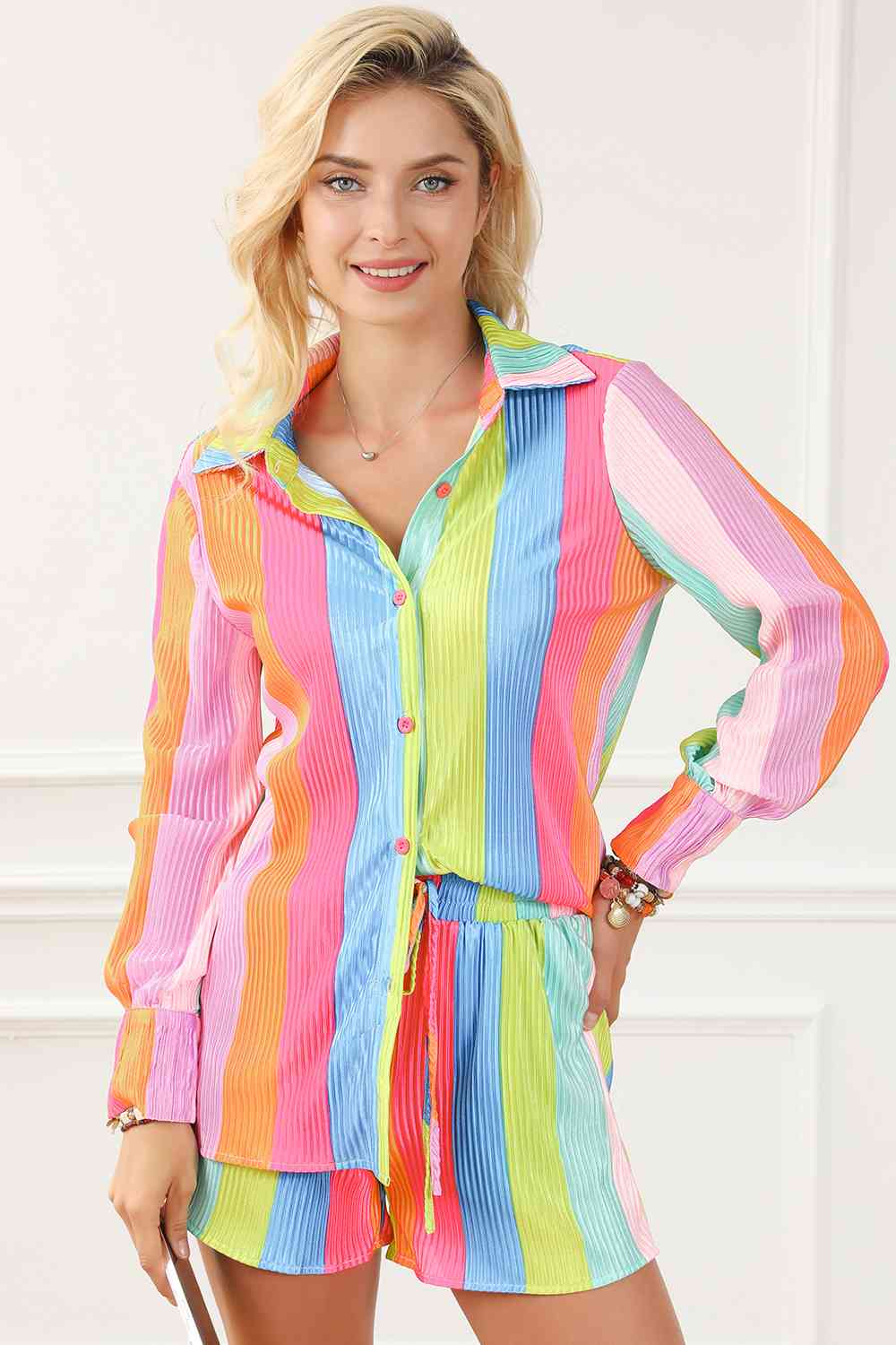 Lovable Striped Shirt and Drawstring Shorts Set