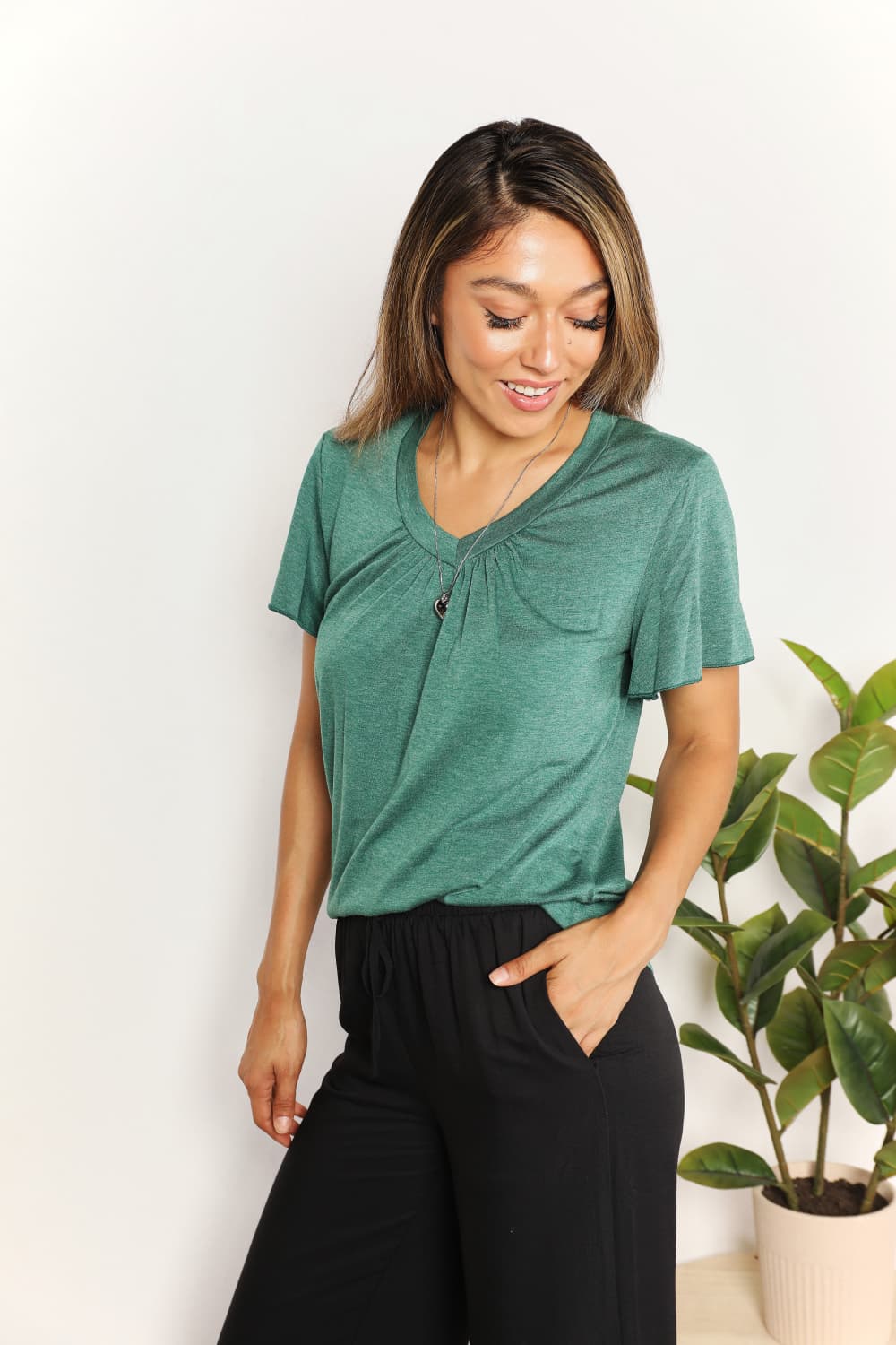 Elora Ruched V-Neck T-Shirt