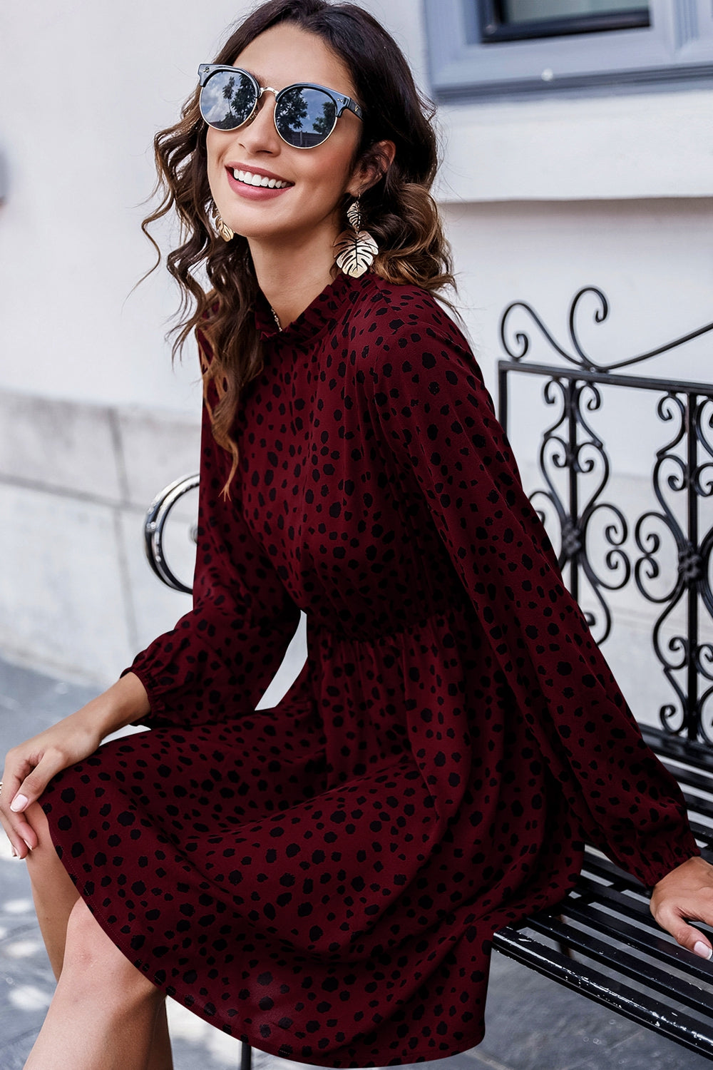 Arianna Spotted Mock Neck Mini Dress