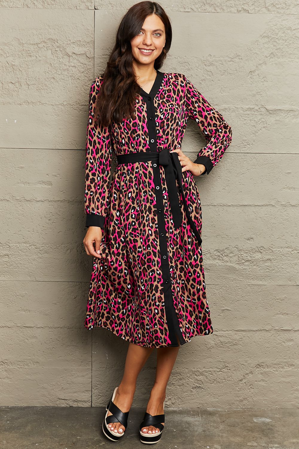 Wild For You Leopard Tie Waist Midi Dress