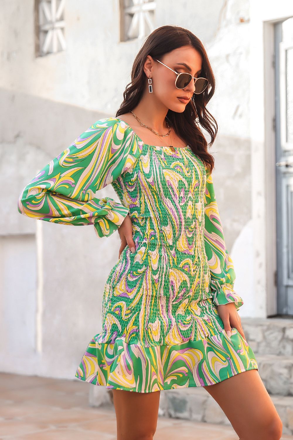 Abstract Smocked Mini Dress