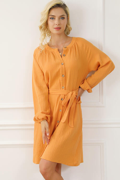 Lucia Tied Button Front Balloon Sleeve Dress