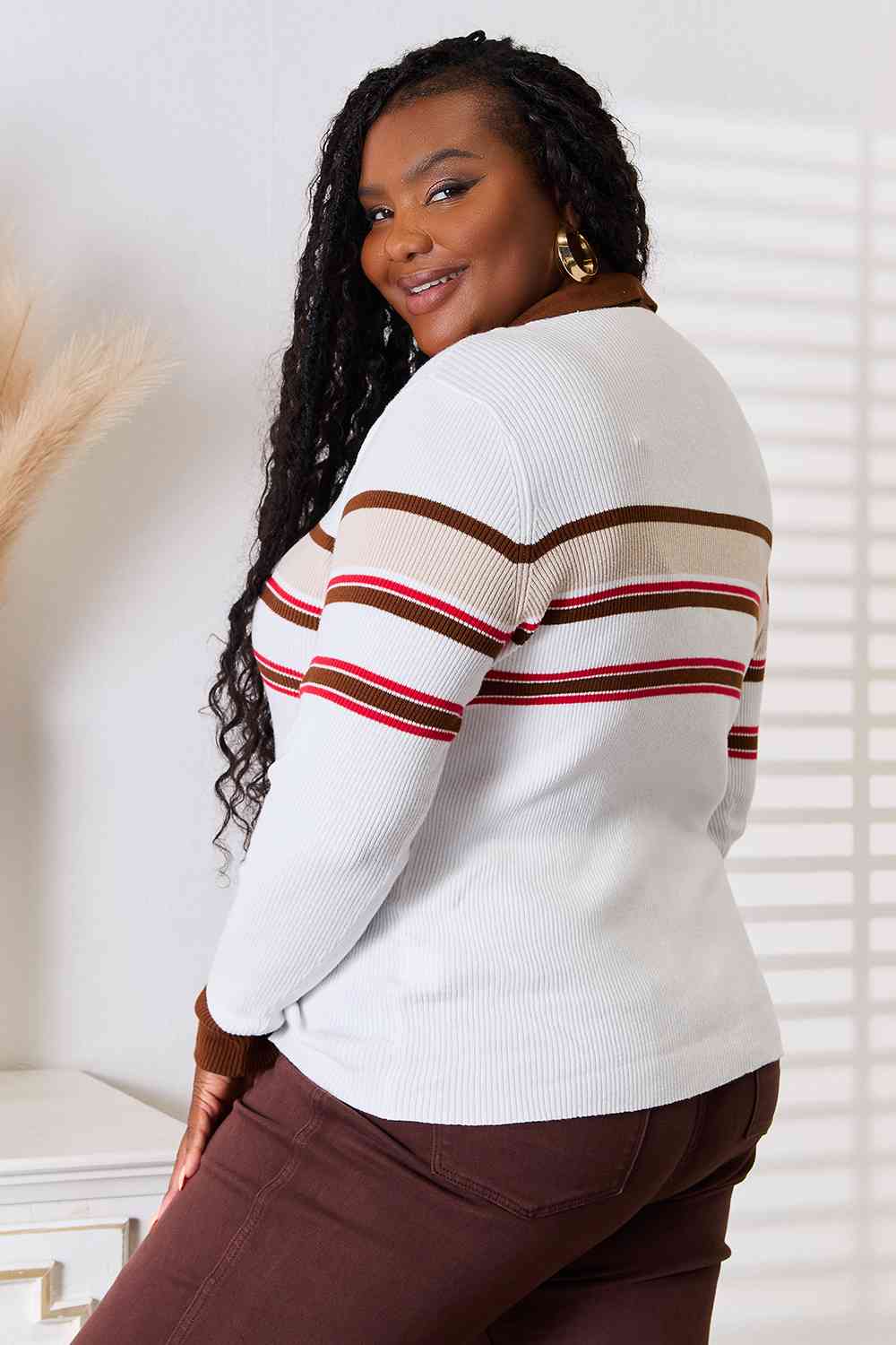 Wrenley Striped Collared Neck Rib-Knit Top