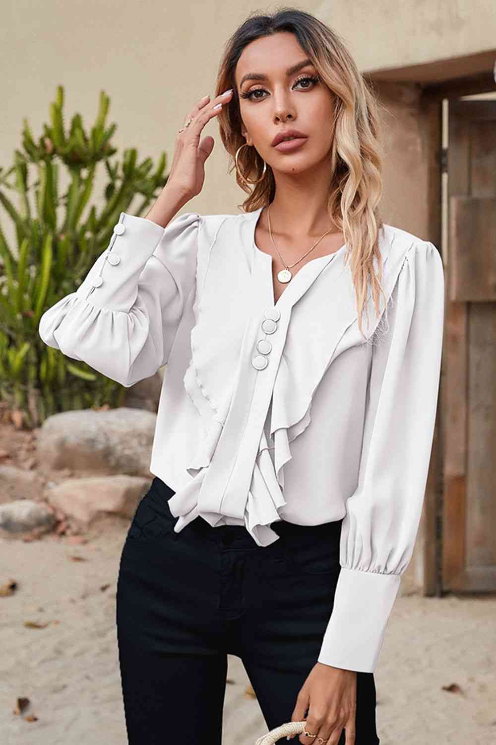 Raya Lantern Sleeve Ruffle Trim Blouse
